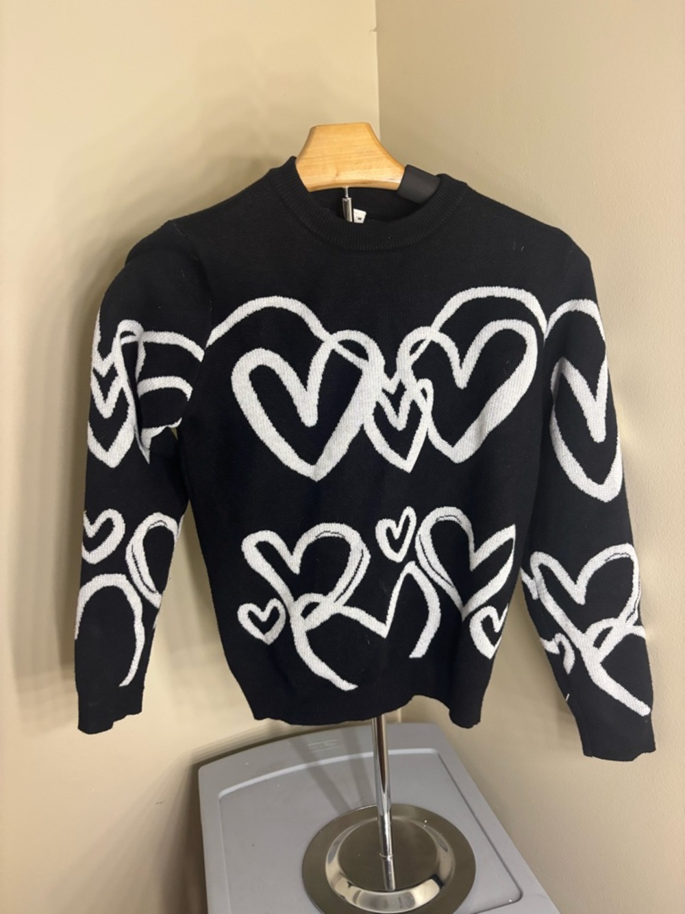 SHEIN Black Sweater with White Heart Pattern - worn once